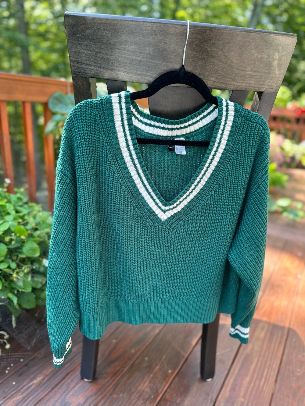 H&M Emerald Green V-Neck Sweater with Ivory Stripe